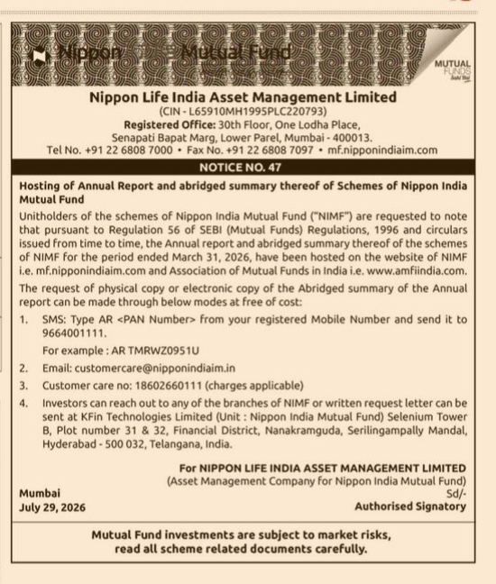 Notice No. 47: Hosting of Annual Report and Abridged Summary thereof of Schemes of Nippon India Mutual Fund