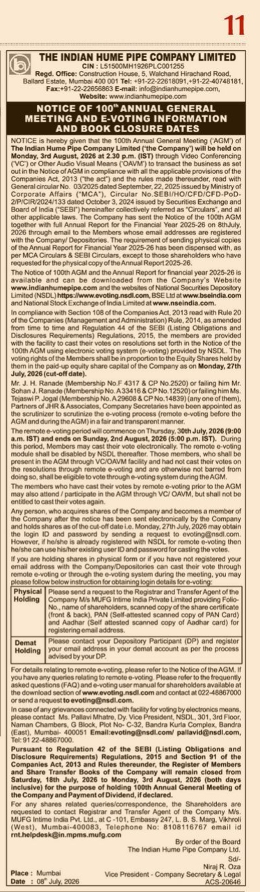 NOTICE OF 100 ANNUAL GENERAL MEETING
