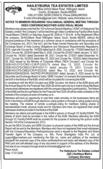Notice of 103rd Annual General Meeting of Haileyburia Tea Estates Limited