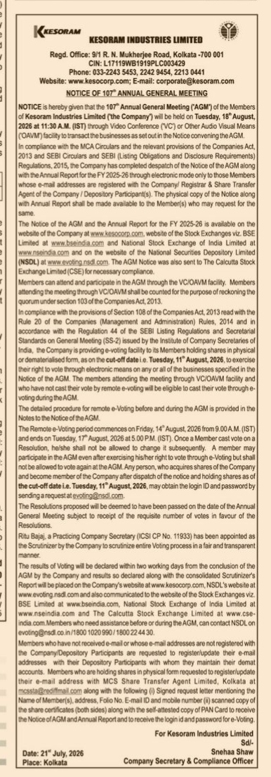 Notice of 107th Annual General Meeting of Kesoram Industries Limited