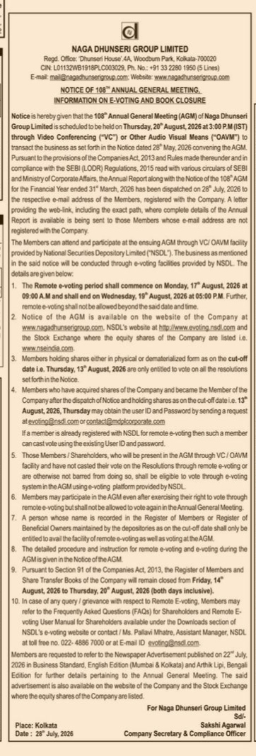 Notice of 108th Annual General Meeting of Naga Dhunseri Group Limited