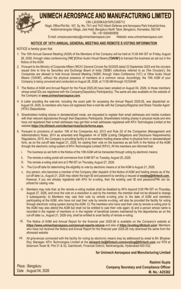 Notice of 10th Annual General Meeting and Remote E-Voting Information