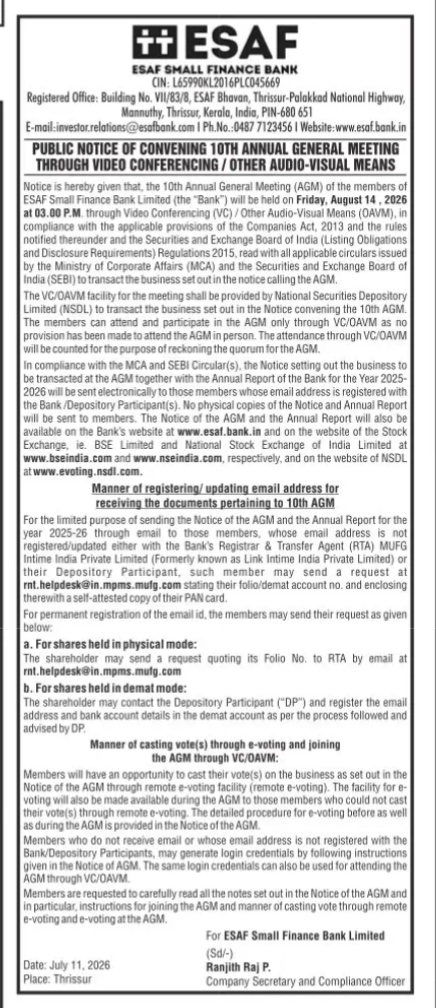 NOTICE of 10th Annual general meeting