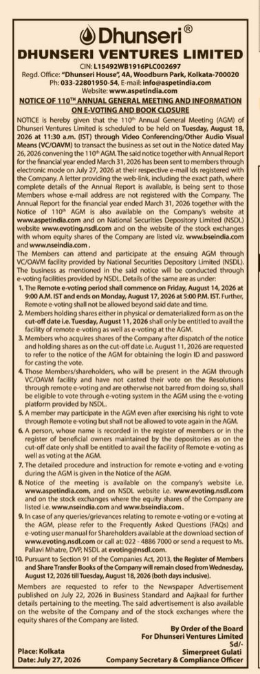 Notice of 110th Annual General Meeting and Information on E-Voting and Book Closure