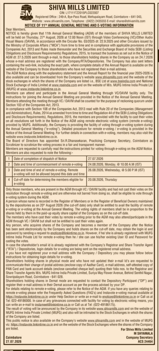 Notice of 11th Annual General Meeting and E-Voting Information