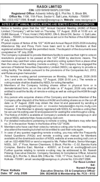 Notice of 122nd Annual General Meeting of Rasoi Limited