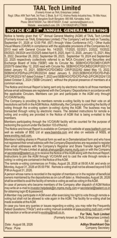 Notice of 12th Annual General Meeting - TAAL Tech Limited