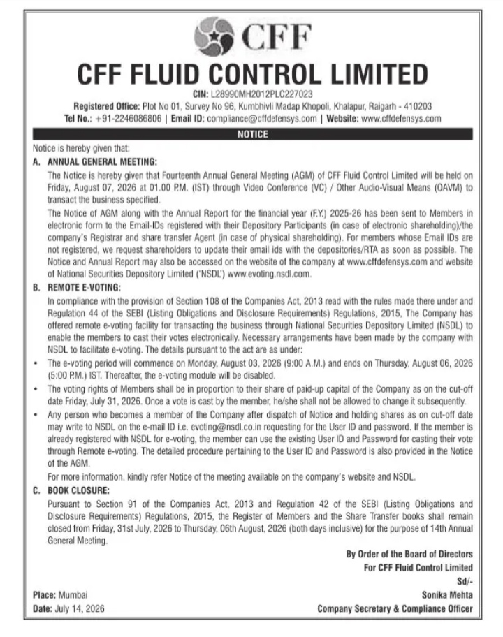 Notice of 14th Annual General Meeting and E-Voting: CFF Fluid Control Limited