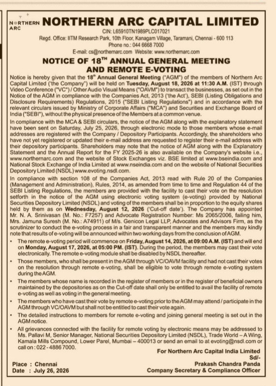 Notice of 18th Annual General Meeting and Remote E-Voting of Northern Arc Capital Limited