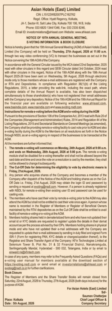 Notice of 19th Annual General Meeting (AGM) - Asian Hotels (East) Limited