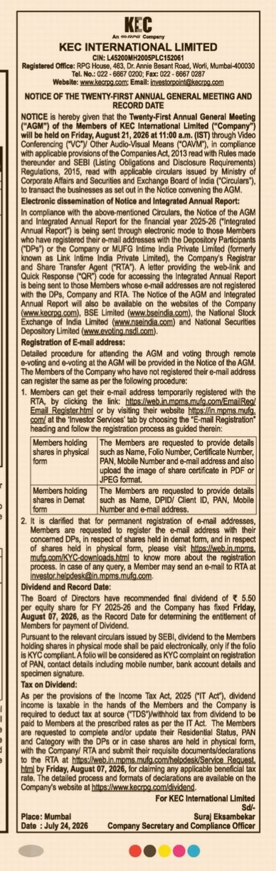 Notice of 21st AGM and Record Date — KEC International Limited