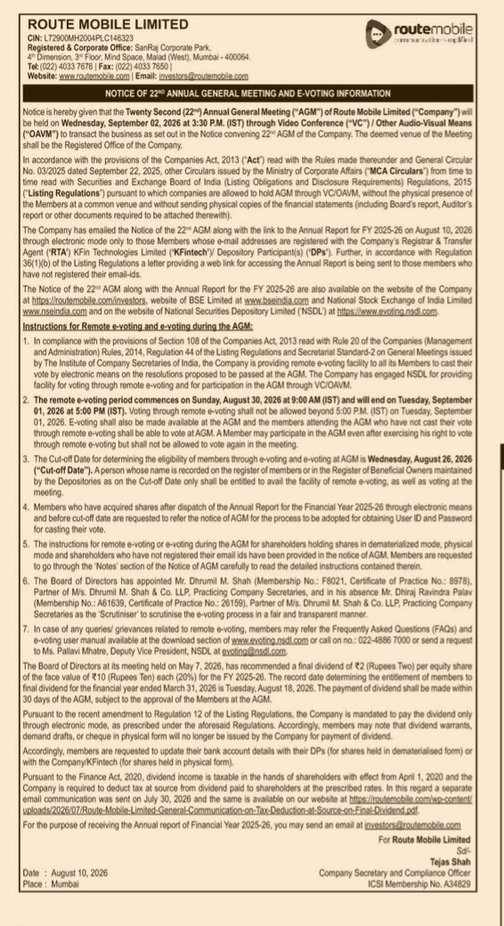 Notice of 22nd Annual General Meeting and E-Voting Information