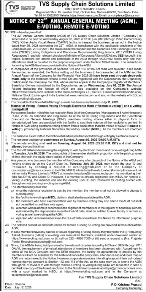 NOTICE of 22nd ANNUAL GENERAL MEETING