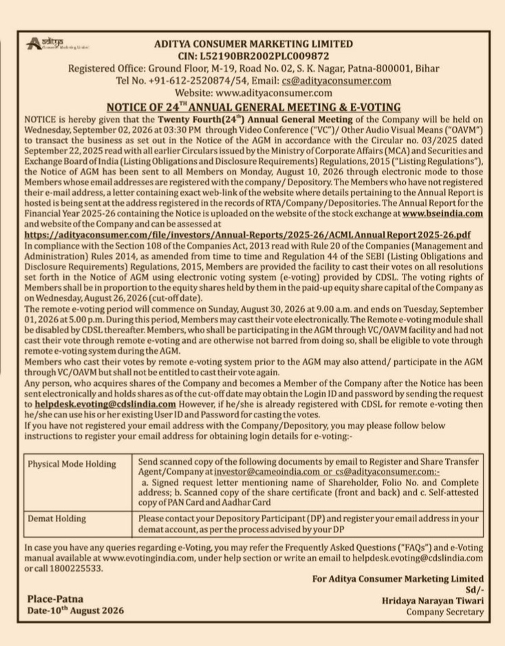 Notice of 24th Annual General Meeting & E-Voting – Aditya Consumer Marketing Limited