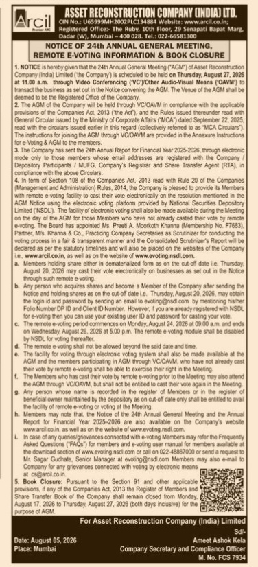 Notice of 24th Annual General Meeting, Remote E-Voting Information & Book Closure