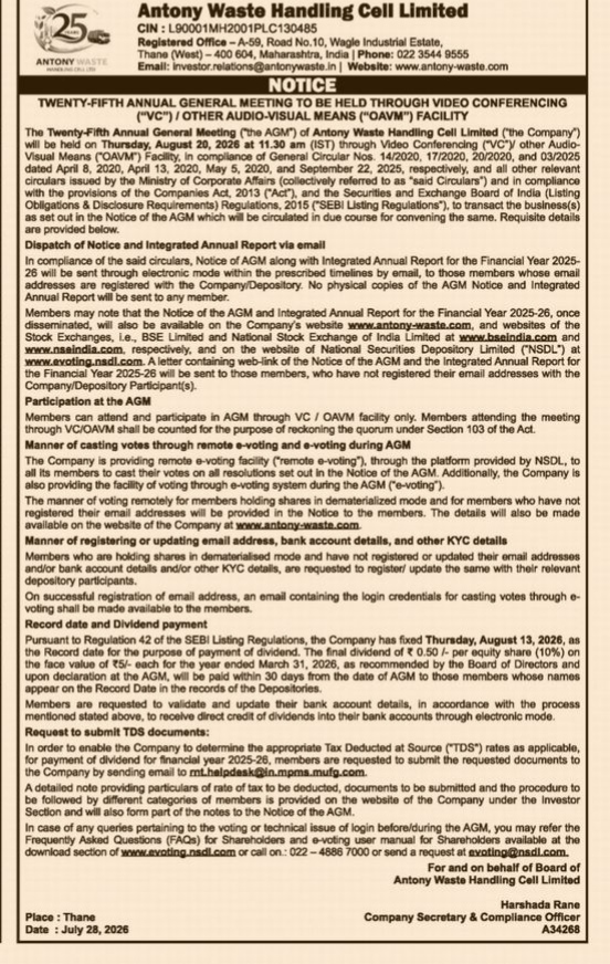 Notice of 25th Annual General Meeting of Antony Waste Handling Cell Limited