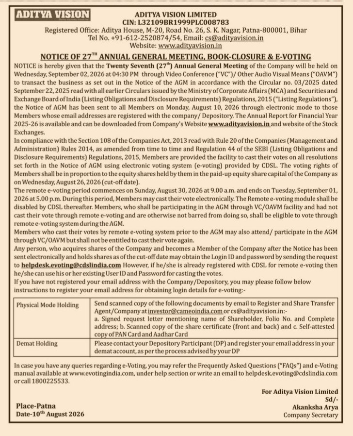 Notice of 27th Annual General Meeting, Book-Closure & E-Voting for Aditya Vision Limited