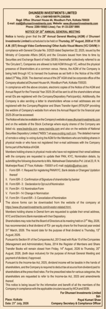 Notice of 29th Annual General Meeting of Dhunseri Investments Limited