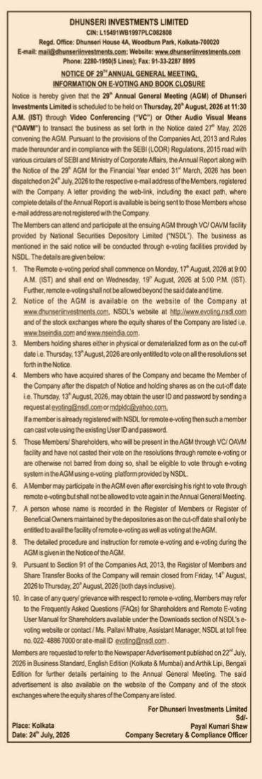 Notice of 29th Annual General Meeting of Dhunseri Investments Limited