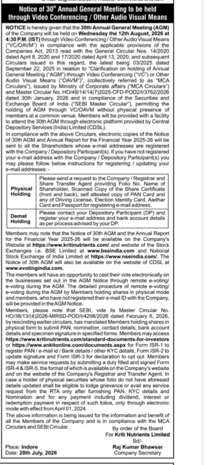 Notice of 30th Annual General Meeting of Kriti Nutrients Limited