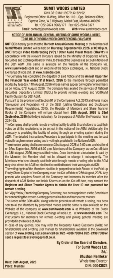 Notice of 30th Annual General Meeting of Sumit Woods Limited