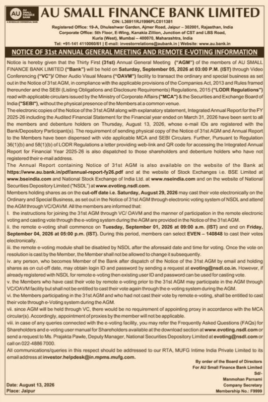 Notice of 31st Annual General Meeting (AGM) and Remote E-Voting Information