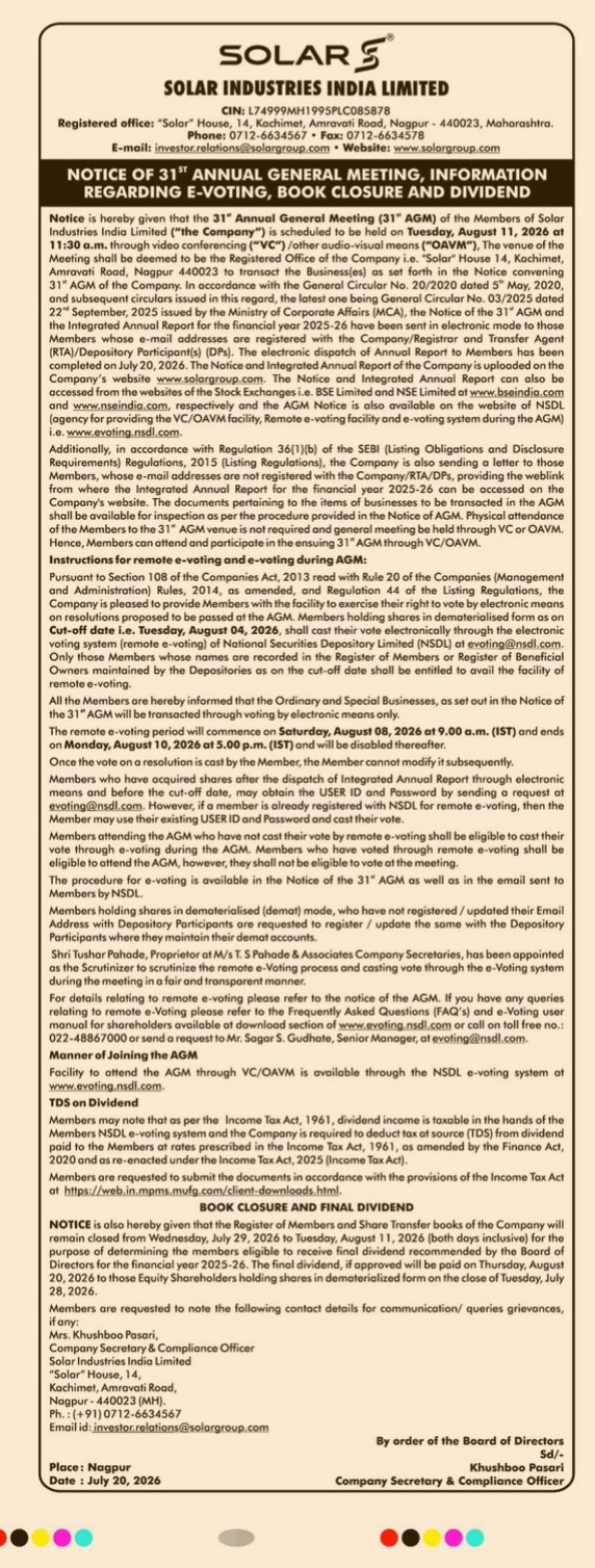 Notice of 31st Annual General Meeting for Solar Industries India Limited