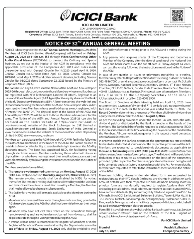 NOTICE OF 32ⁿᵈ ANNUAL GENERAL MEETING