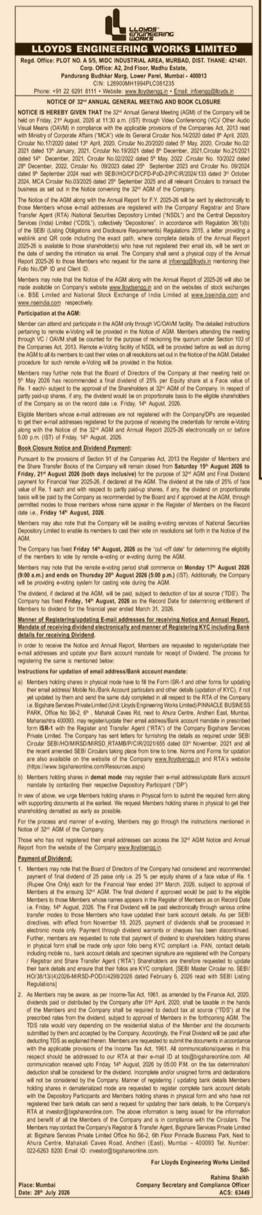 Notice of 32nd Annual General Meeting (AGM) and Book Closure