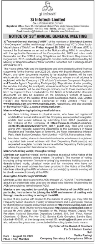 Notice of 33rd Annual General Meeting - 3i Infotech Limited