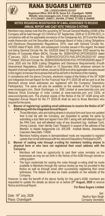 Notice of 34th AGM and E-Voting Registration for Rana Sugars Limited