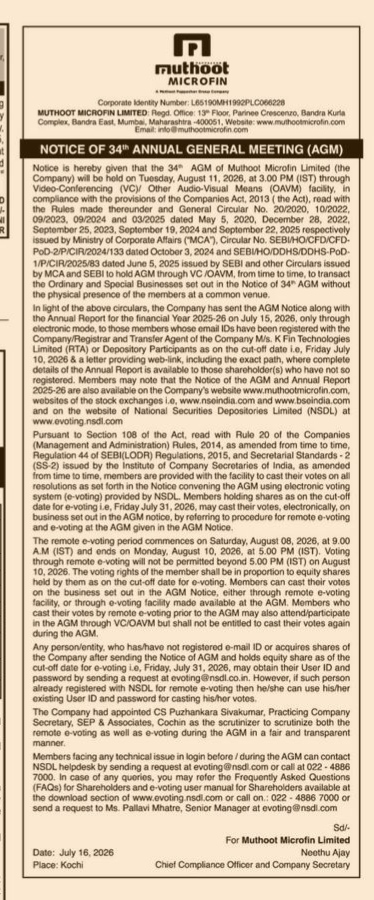 Notice of 34th Annual General Meeting (AGM) - Muthoot Microfin Limited