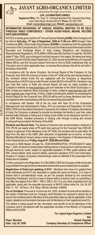 Notice of 34th Annual General Meeting and Dividend Record Date for Jayant Agro-Organics Limited