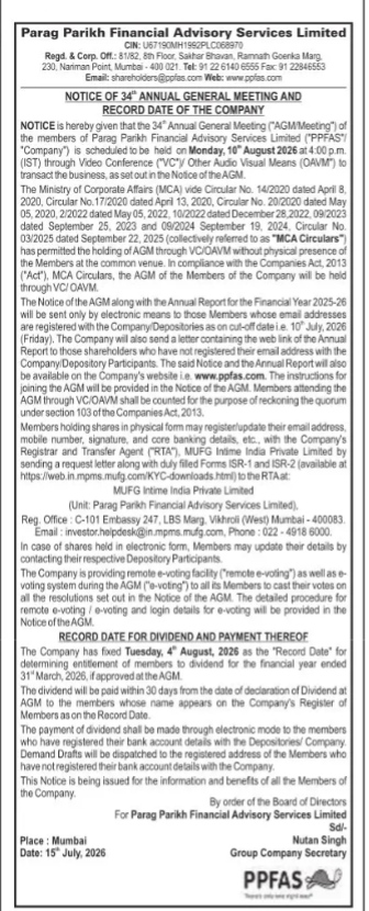 Notice of 34th Annual General Meeting and Record Date of Parag Parikh Financial Advisory Services Limited