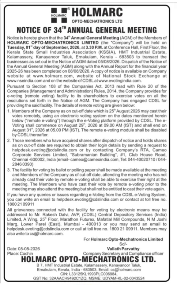 Notice of 34th Annual General Meeting - Holmarc Opto-Mechatronics Ltd