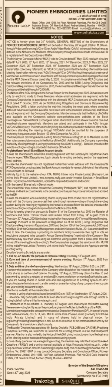 Notice of 34th Annual General Meeting of Pioneer Embroideries Limited