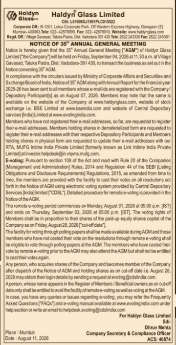 Notice of 35th Annual General Meeting of Haldyn Glass Limited