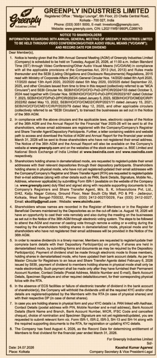 Notice of 36th Annual General Meeting – Greenply Industries Limited