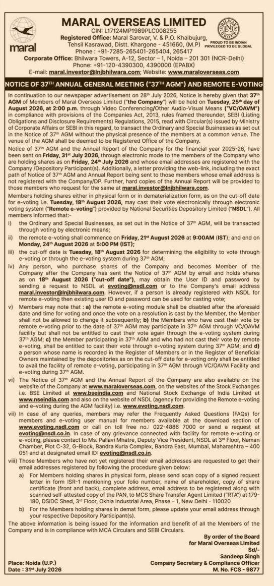 Notice of 37th Annual General Meeting and Remote E-Voting for Maral Overseas Limited