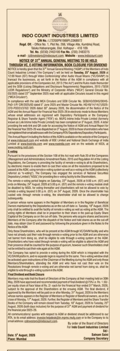 Notice of 37th Annual General Meeting – Indo Count Industries Limited