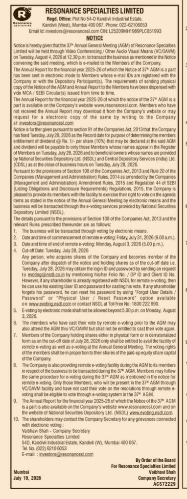 NOTICE OF 37TH ANNUAL GENERAL MEETING
