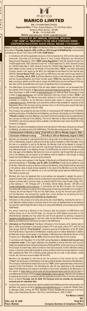 NOTICE OF 38 ANNUAL GENERAL MEETING