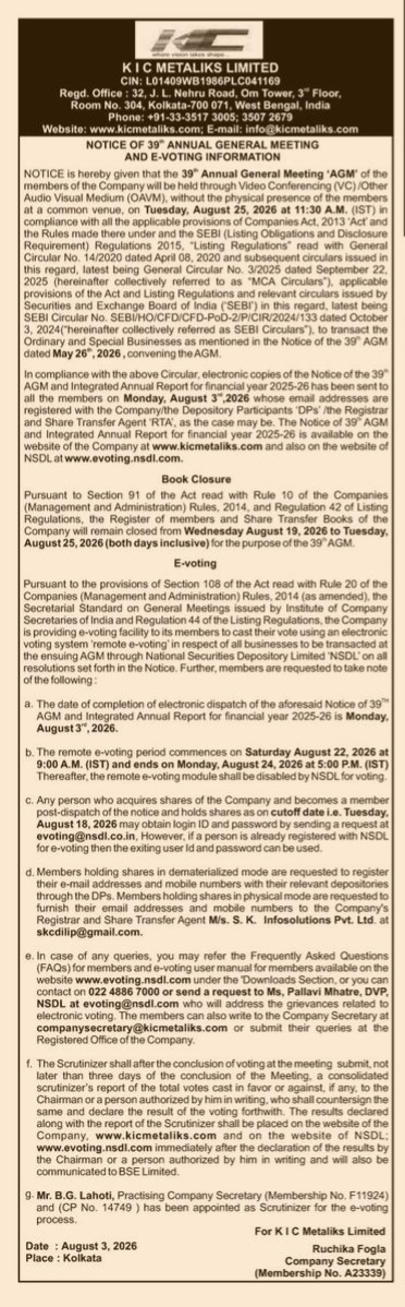 Notice of 39th Annual General Meeting and E-Voting Information for KIC Metaliks Limited