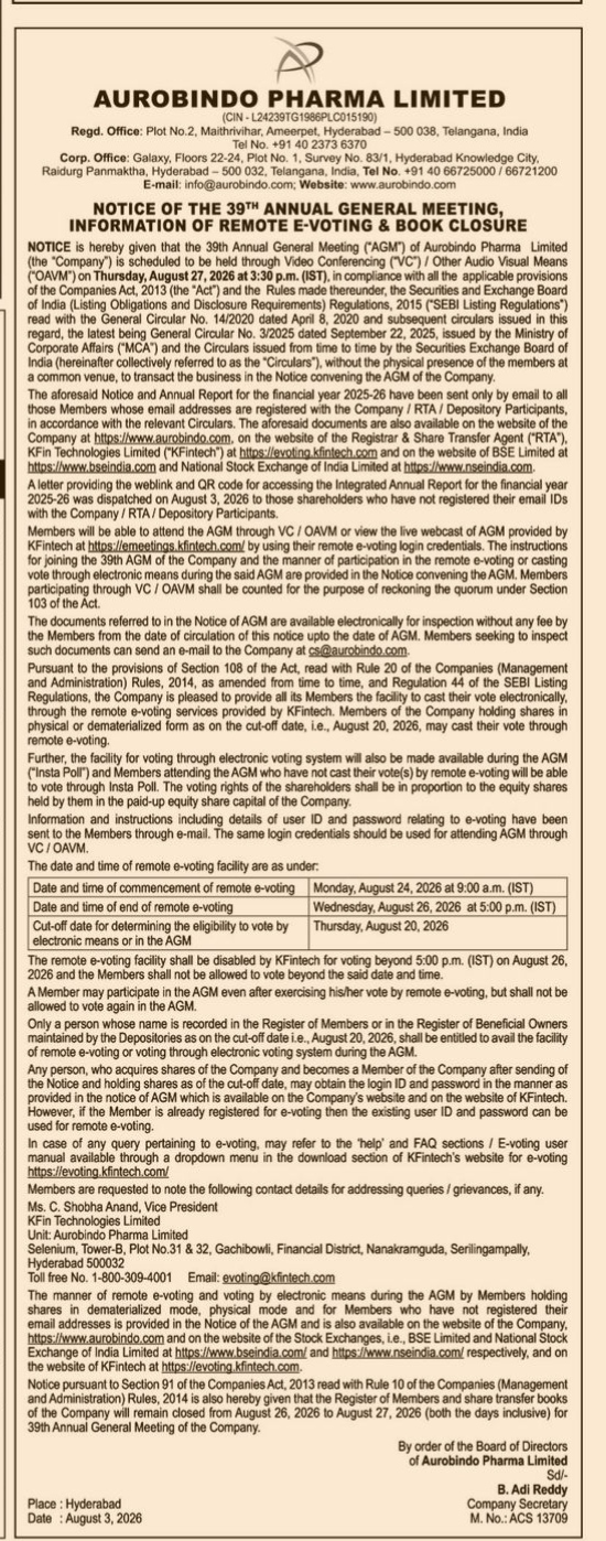 Notice of 39th Annual General Meeting of Aurobindo Pharma Limited