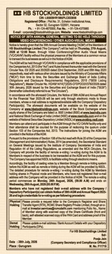 Notice of 39th Annual General Meeting of HB Stockholdings Limited