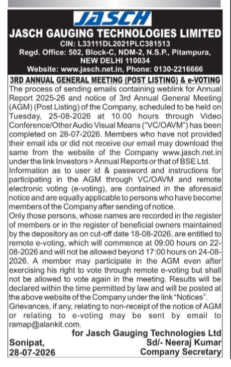 Notice of 3rd Annual General Meeting and e-Voting - Jasch Gauging Technologies Limited