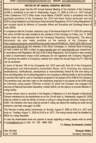 Notice of 40th Annual General Meeting of Galaxy Surfactants Limited