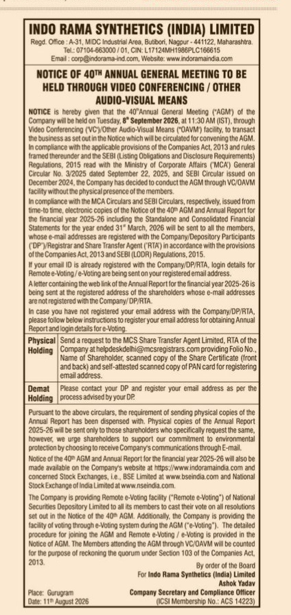 Notice of 40th Annual General Meeting of Indo Rama Synthetics (India) Limited