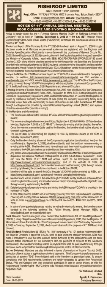 Notice of 41st Annual General Meeting, Book Closure and E-Voting Information for Rishiroop Limited