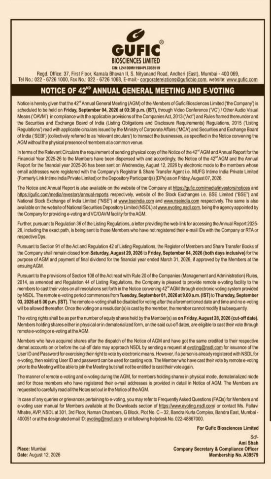 Notice of 42nd Annual General Meeting and E-Voting - Gufic Biosciences Limited